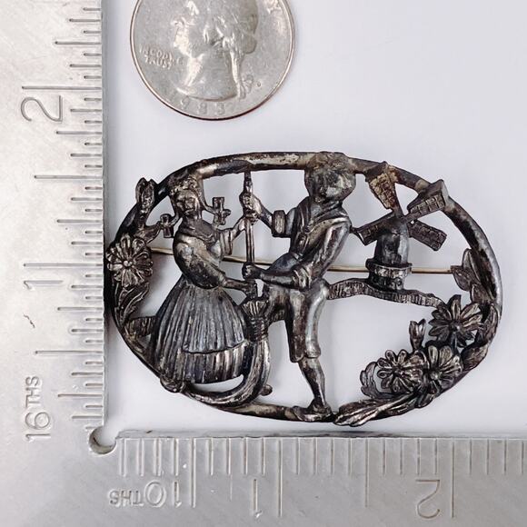 Vintage 1930s Brooch Dutch Folk Couple Windmill Scene C Clasp Pot Metal Pin - Picture 8 of 11